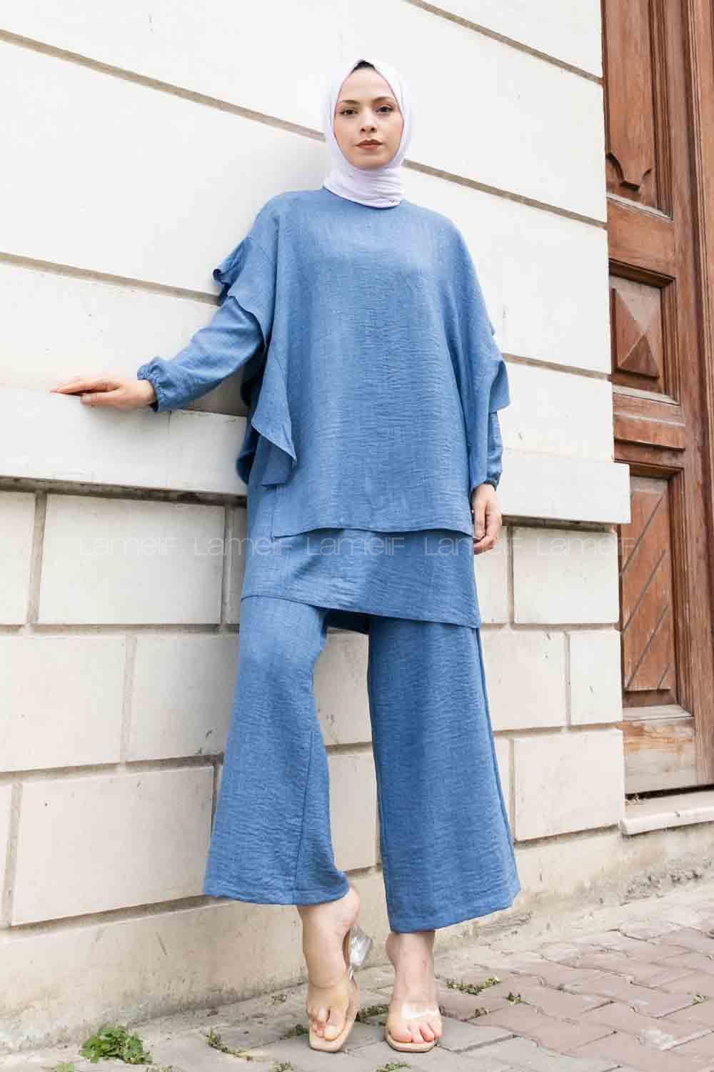 Denim Blue Crew Neck Long Arm Ayrobin Regular Trousers Comfortable Suit