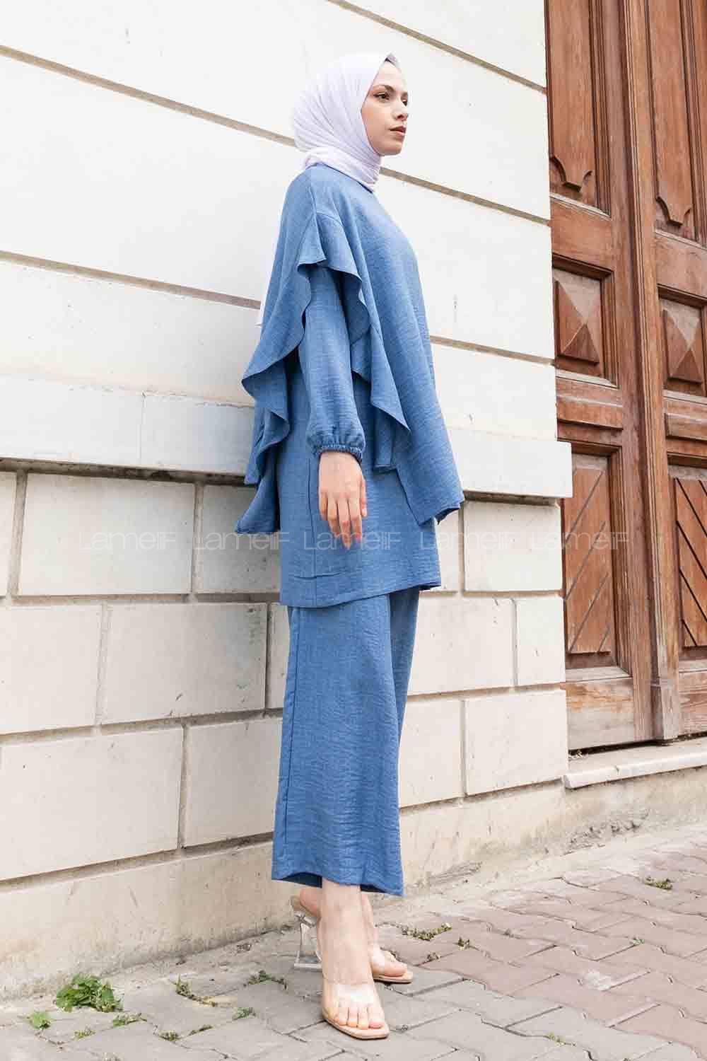 Denim Blue Crew Neck Long Arm Ayrobin Regular Trousers Comfortable Suit