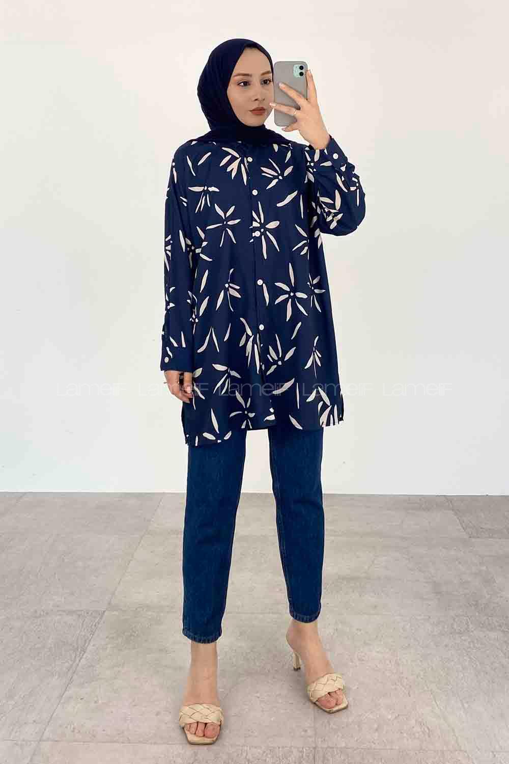 Navy Blue Shirt Collar Long Arm Viscose Fabric Printed Shirt