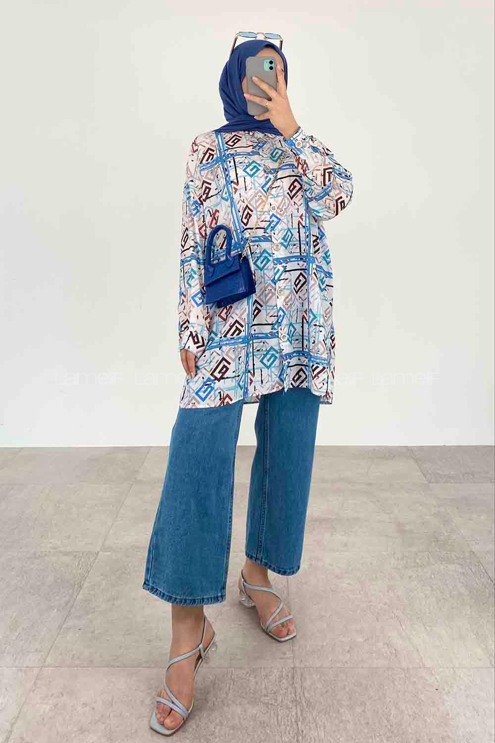 Blue Shirt Collar Long Arm Cotton Printed Shirt