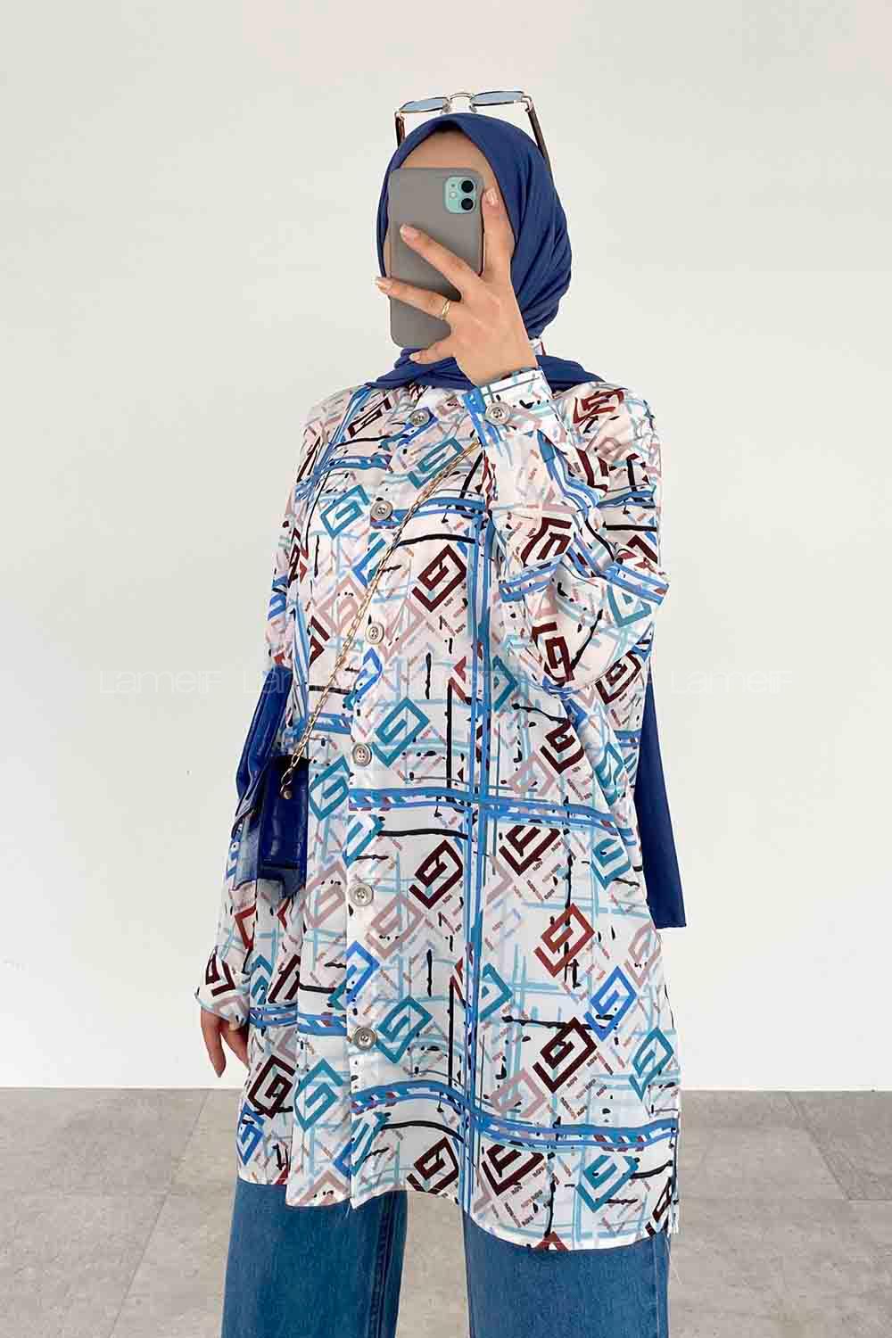 Blue Shirt Collar Long Arm Cotton Printed Shirt