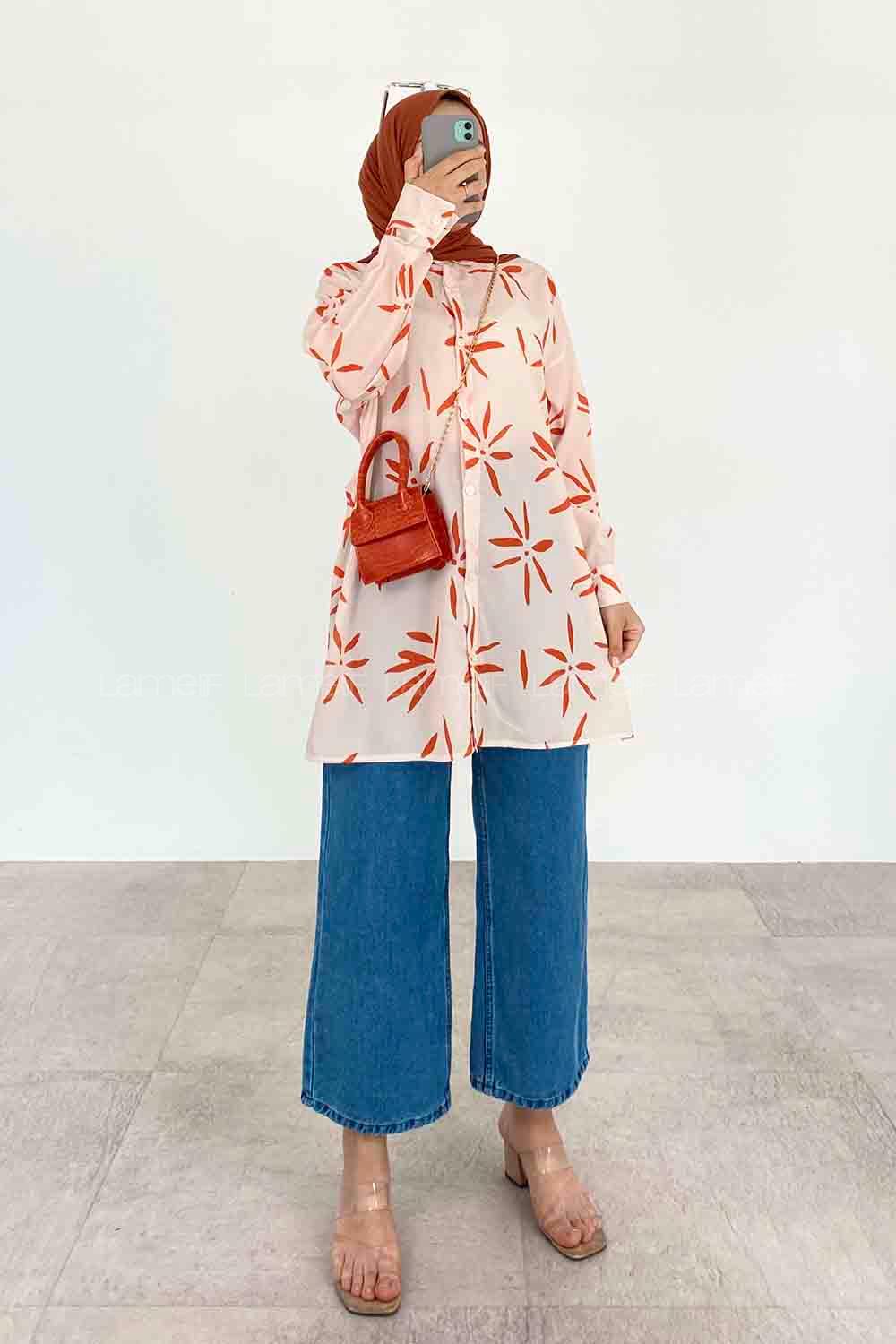 Orange Shirt Collar Long Arm Viscose Fabric Printed Shirt