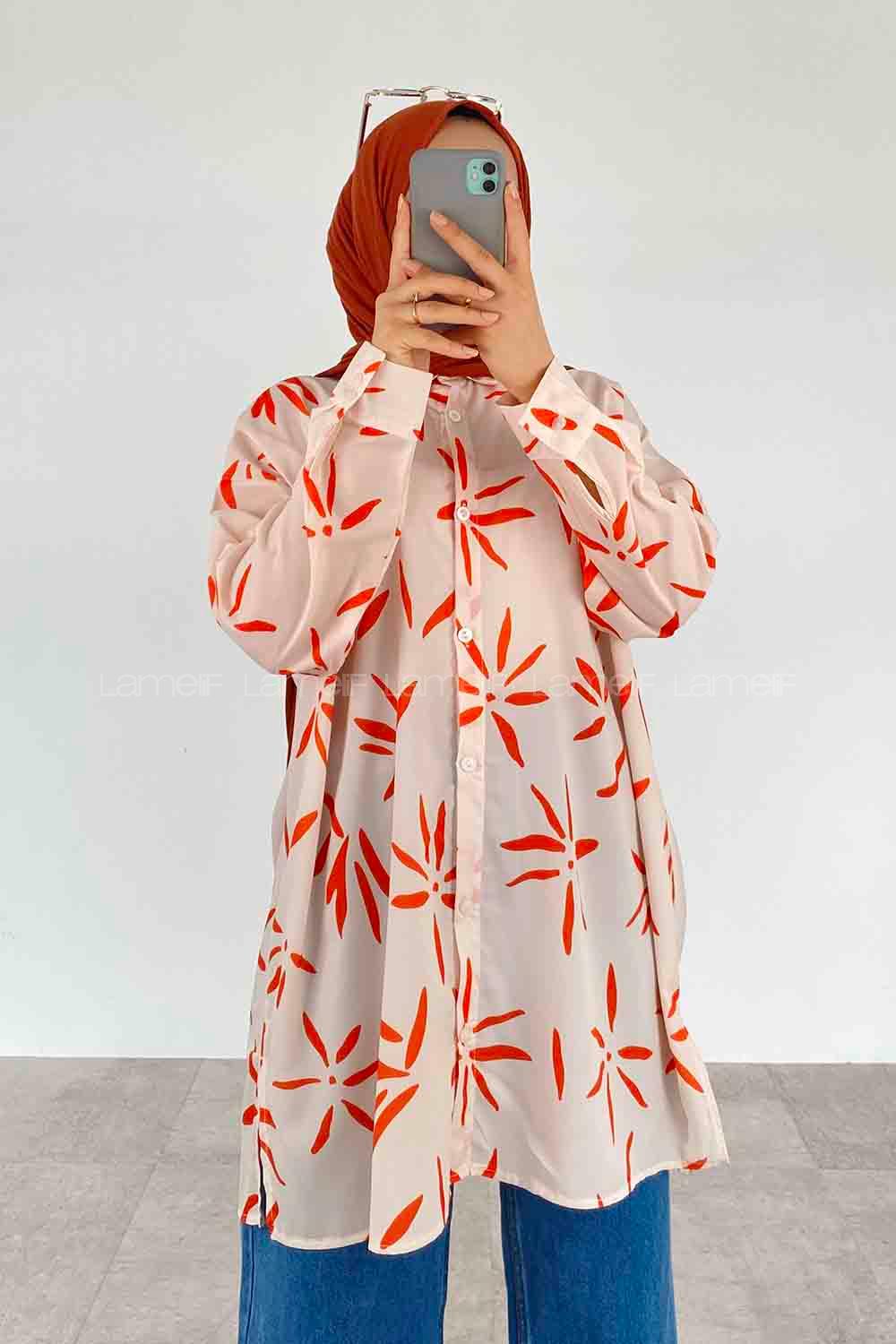 Orange Shirt Collar Long Arm Viscose Fabric Printed Shirt