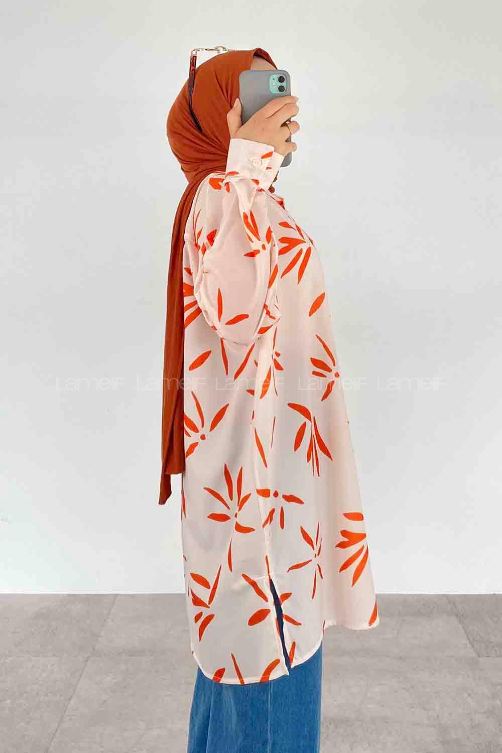 Orange Shirt Collar Long Arm Viscose Fabric Printed Shirt