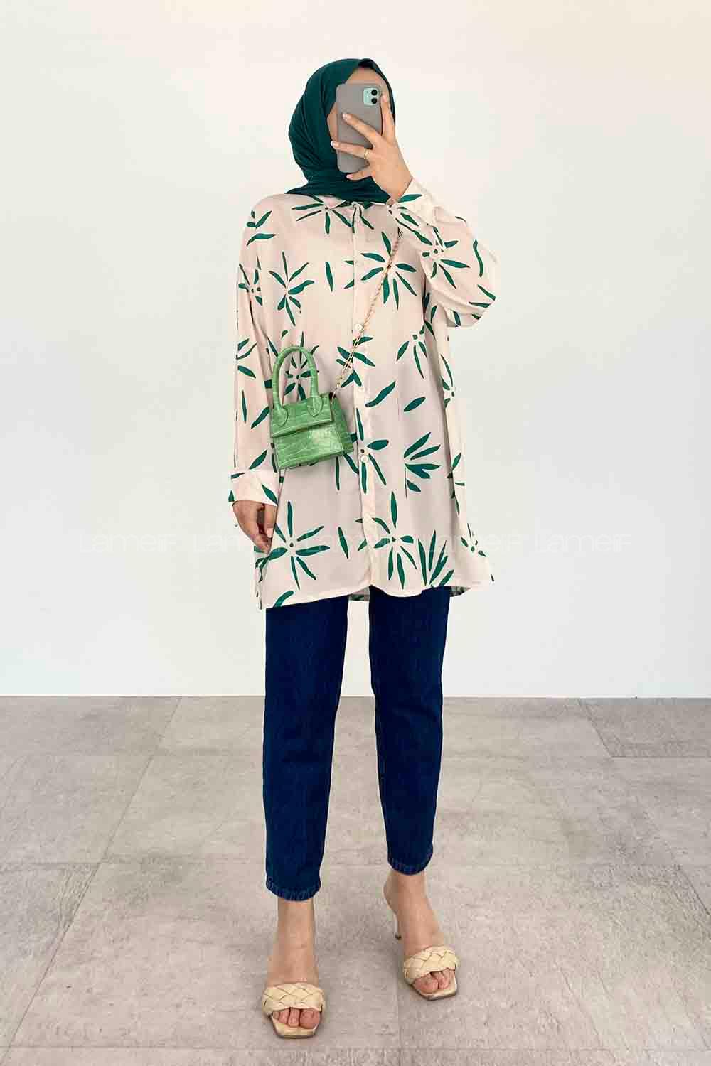 Green Shirt Collar Long Arm Viscose Fabric Printed Shirt