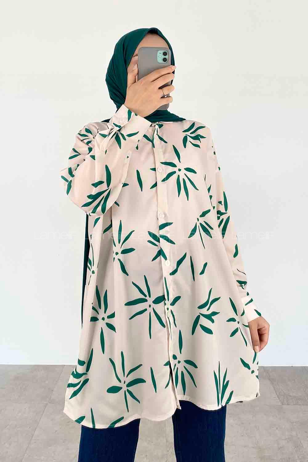 Green Shirt Collar Long Arm Viscose Fabric Printed Shirt