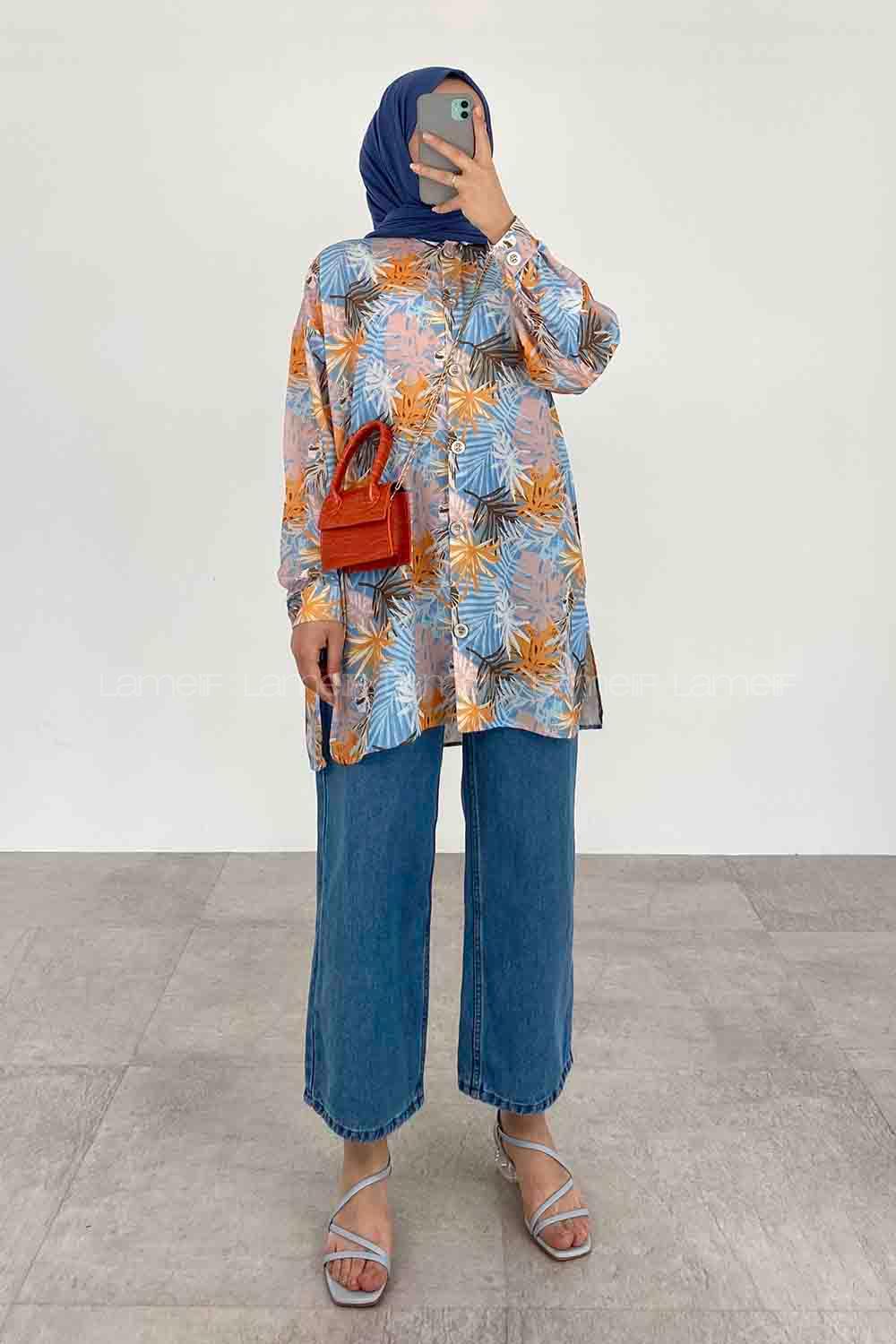 Blue Shirt Collar Long Arm Cotton Printed Shirt