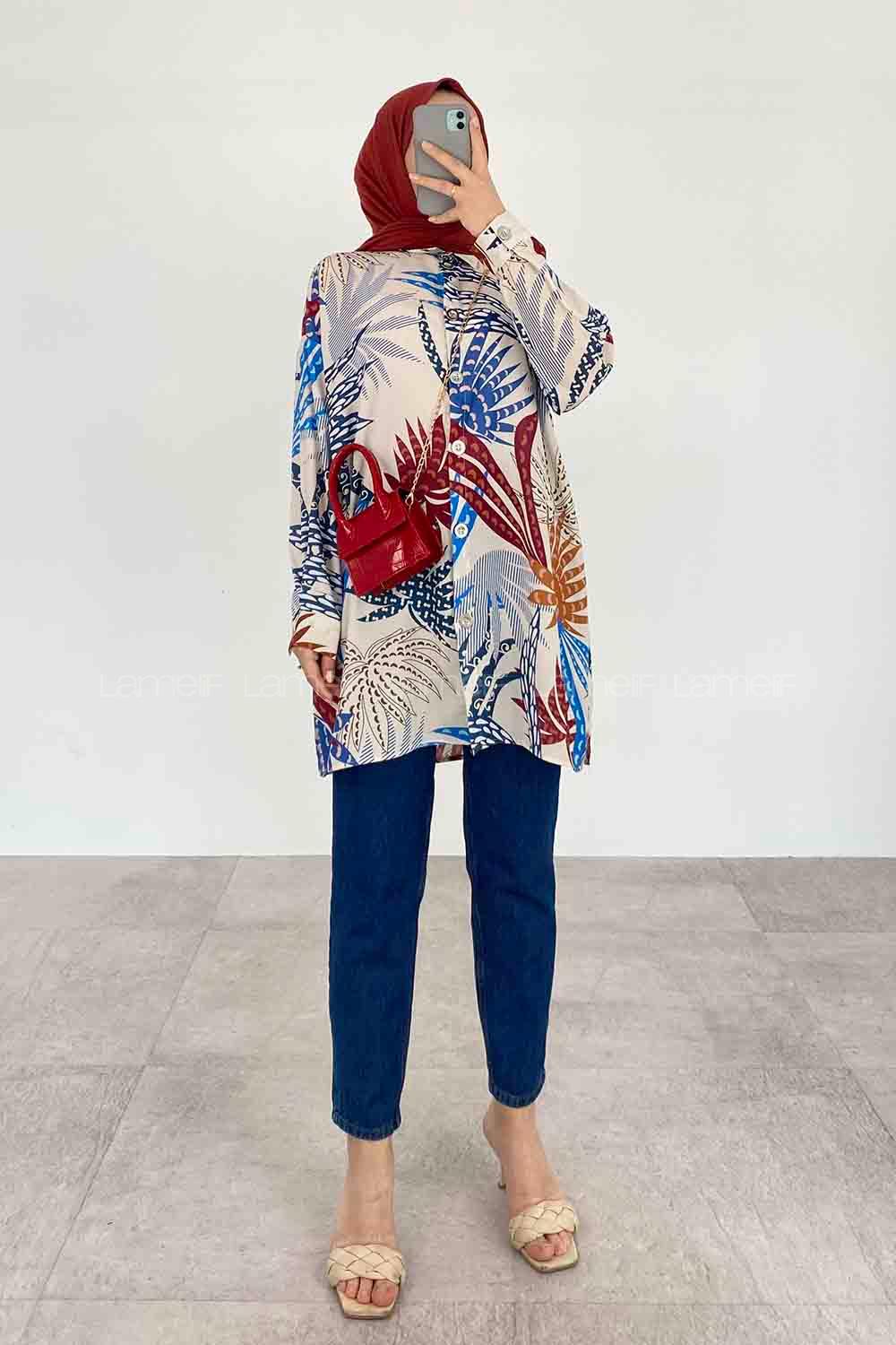 Blue Ecru Shirt Collar Long Arm Cotton Printed Shirt