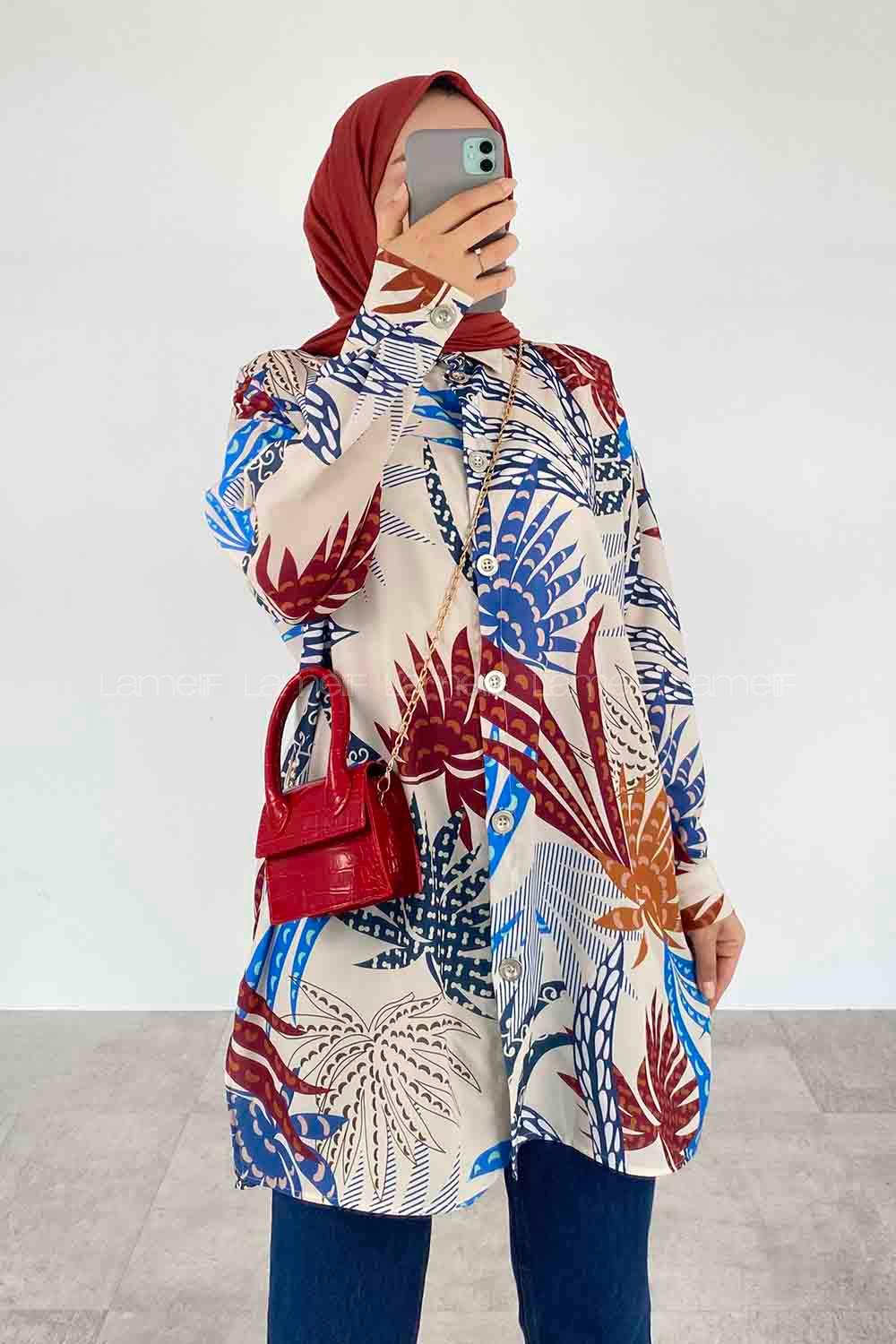 Blue Ecru Shirt Collar Long Arm Cotton Printed Shirt