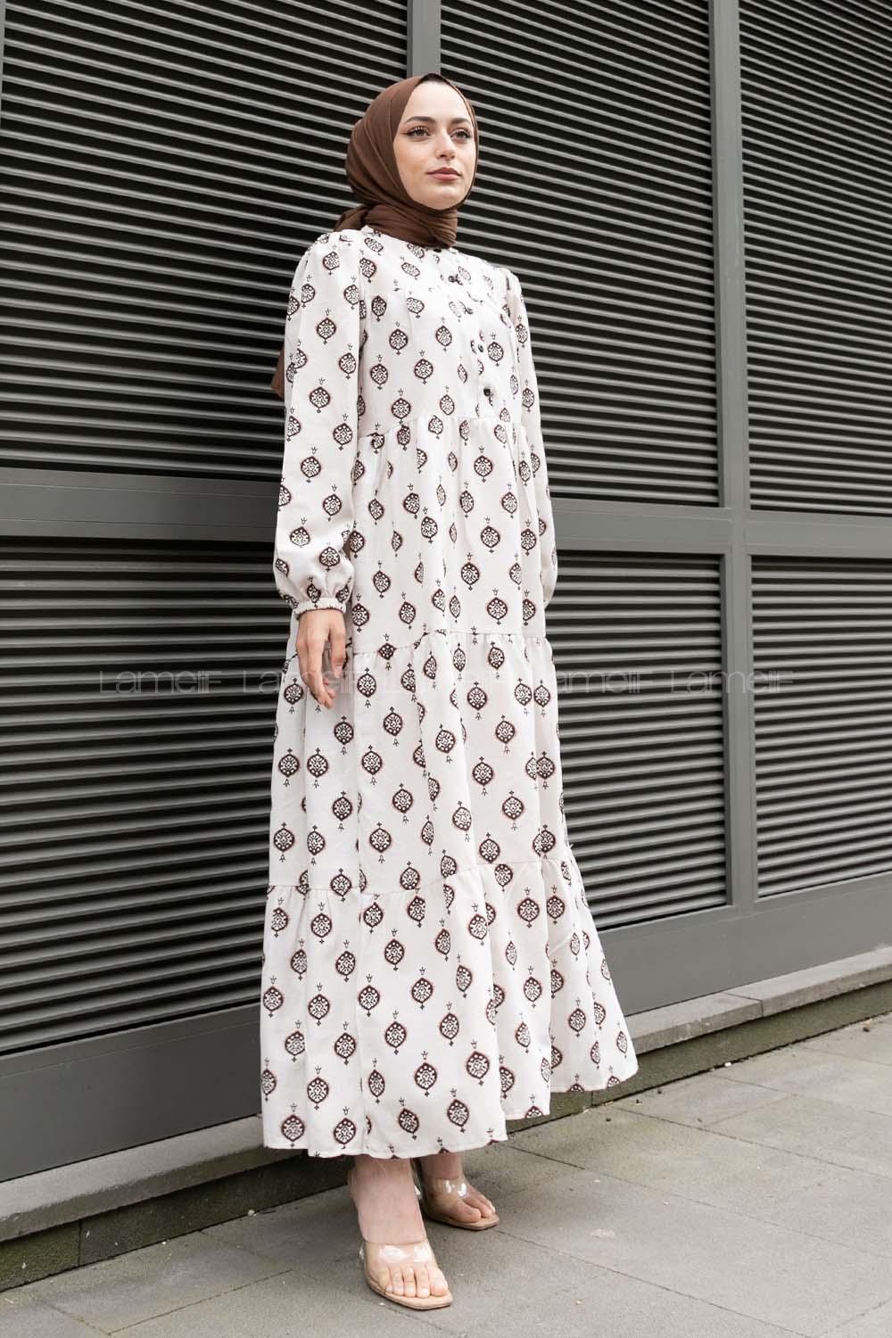 Brown Crew Neck Cotton Printed Dresess