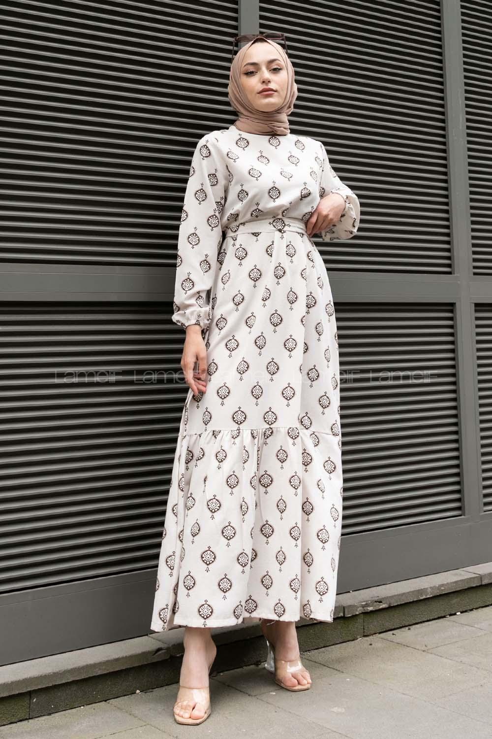 Brown Crew Neck Linen Printed Dresess