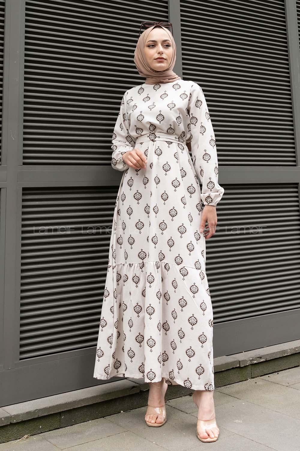 Brown Crew Neck Linen Printed Dresess