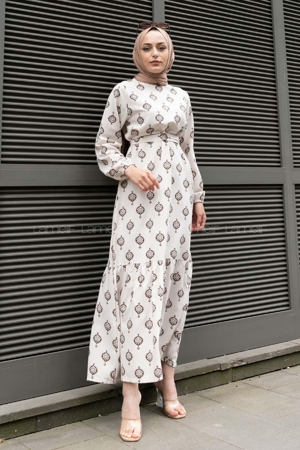 Brown Crew Neck Linen Printed Dresess