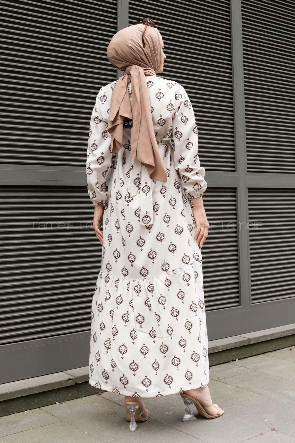 Brown Crew Neck Linen Printed Dresess