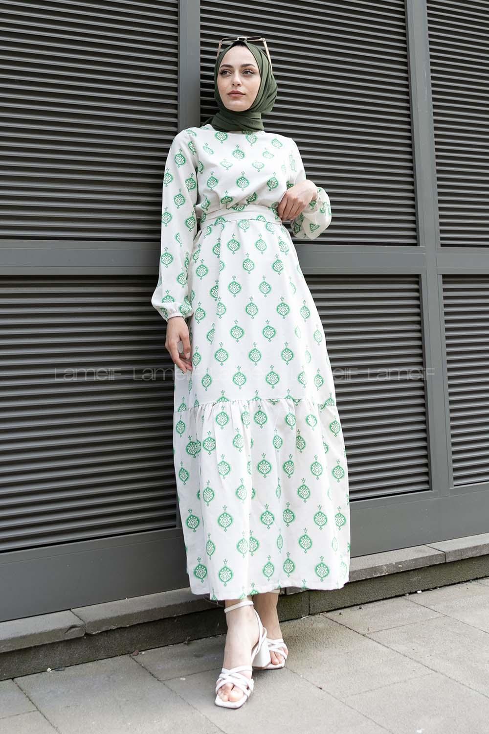 Green Crew Neck Linen Printed Dresess