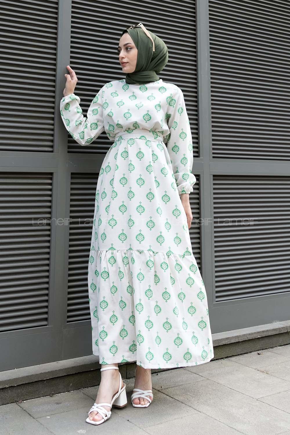 Green Crew Neck Linen Printed Dresess