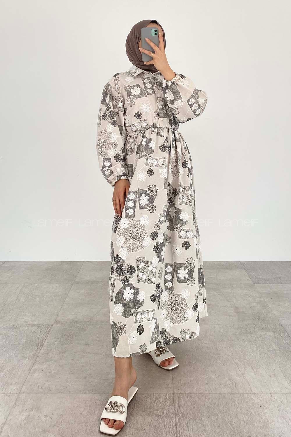 Sophisticated Gray Shirt Collar Viscose Fabric Printed Dresess