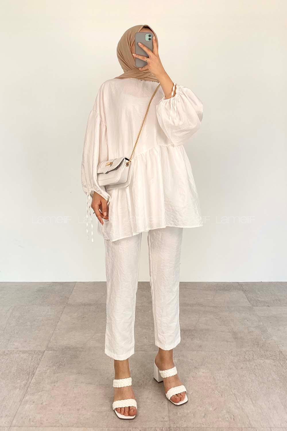 White Crew Neck Balloon Sleeve Arm Without Accessories Viscose Fabric Regular Trousers Comfortable Suit