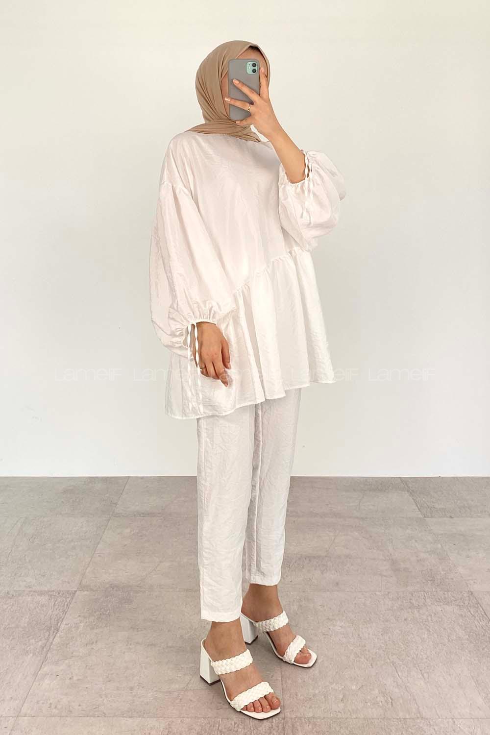 White Crew Neck Balloon Sleeve Arm Without Accessories Viscose Fabric Regular Trousers Comfortable Suit