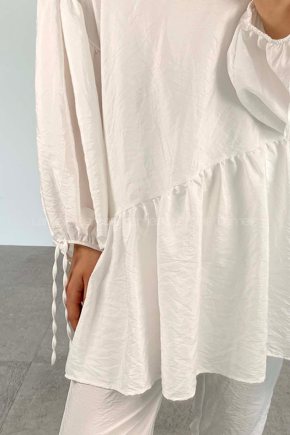 White Crew Neck Balloon Sleeve Arm Without Accessories Viscose Fabric Regular Trousers Comfortable Suit