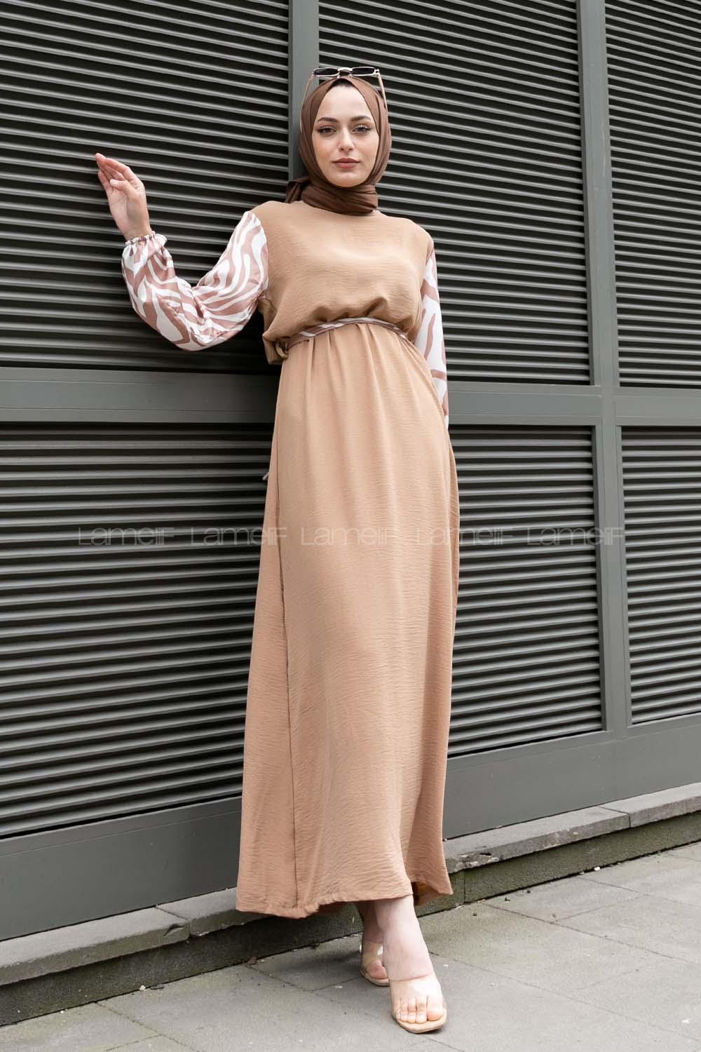 Camel Crew Neck Ayrobin Printed Dresess