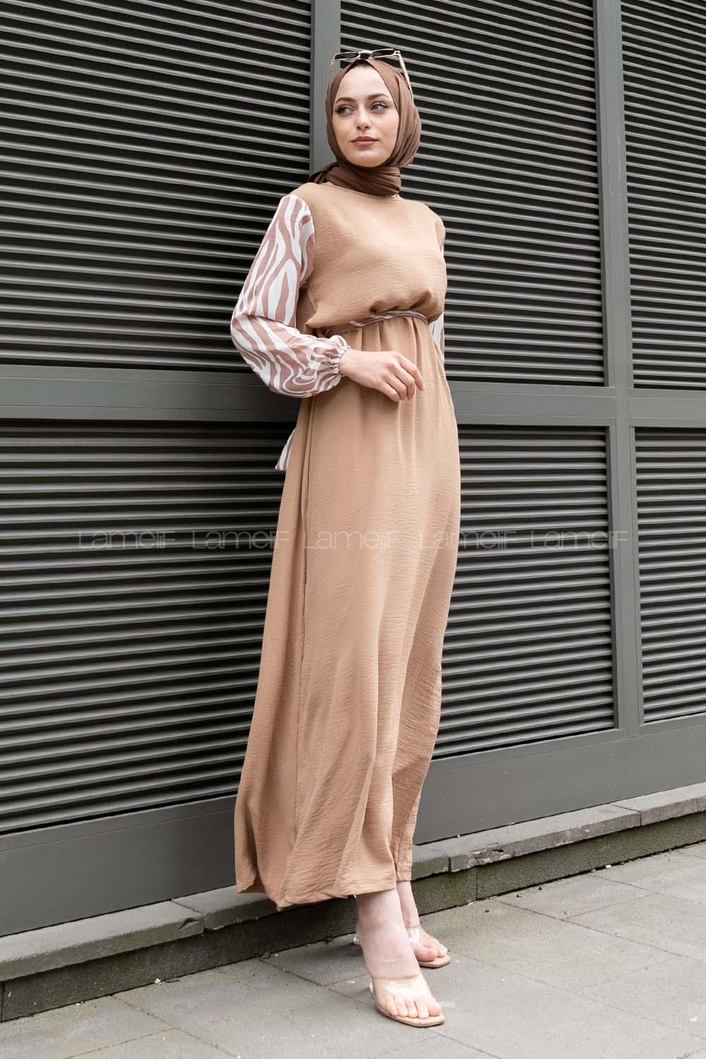 Camel Crew Neck Ayrobin Printed Dresess