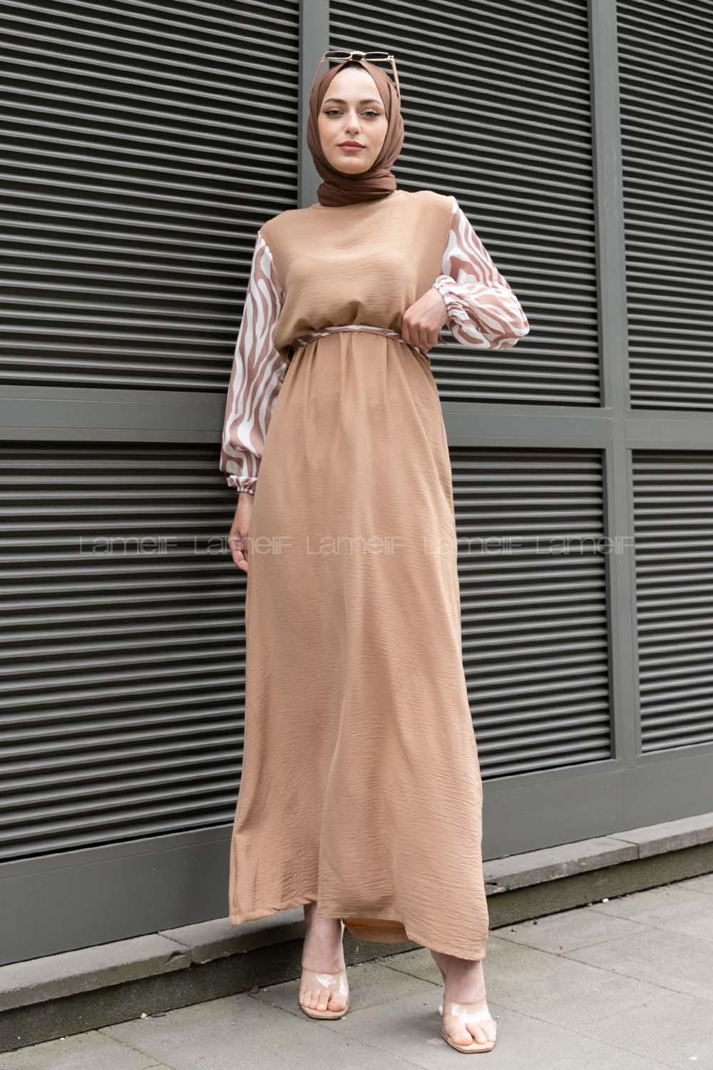 Camel Crew Neck Ayrobin Printed Dresess