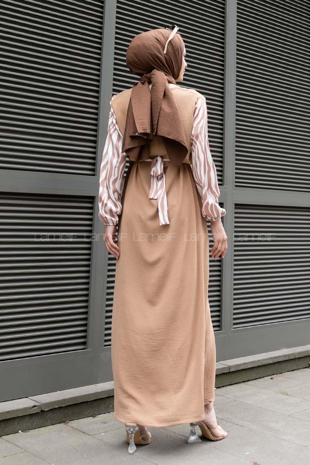 Camel Crew Neck Ayrobin Printed Dresess