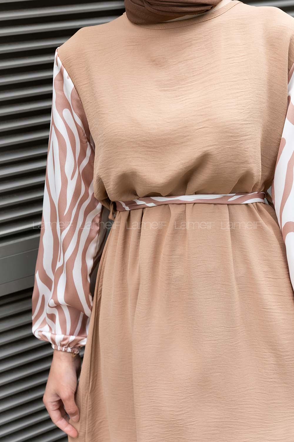 Camel Crew Neck Ayrobin Printed Dresess