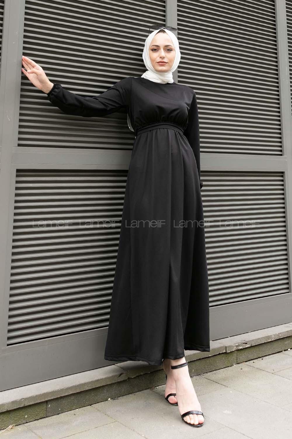 Black Crew Neck Crepe Fabric Unprinted Dresess