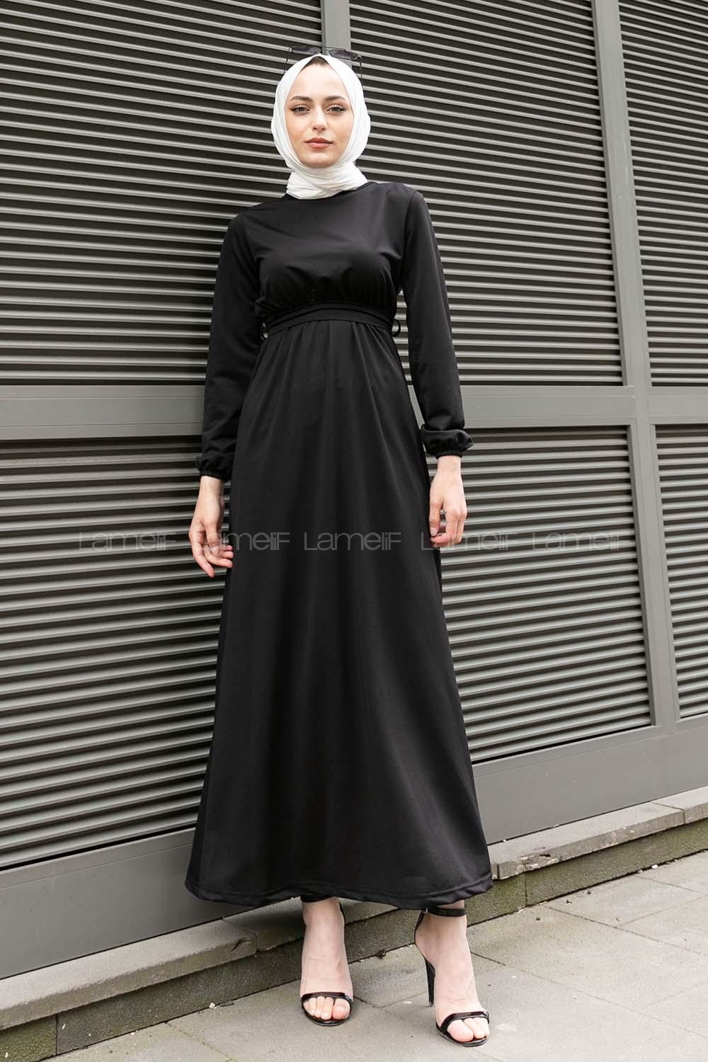 Black Crew Neck Crepe Fabric Unprinted Dresess