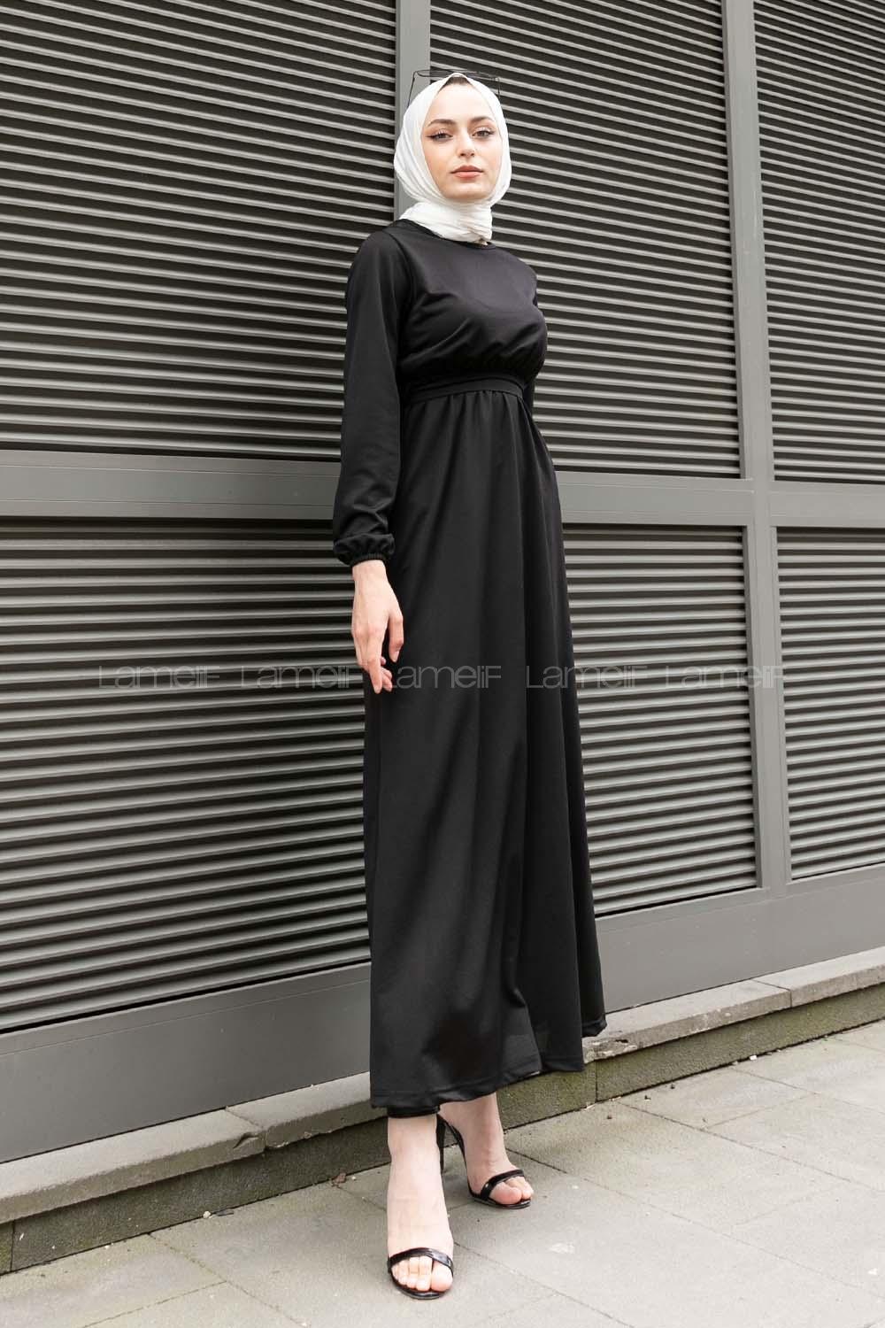 Black Crew Neck Crepe Fabric Unprinted Dresess