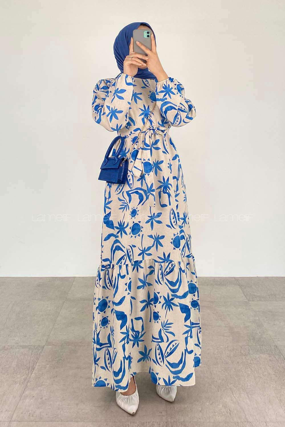 Blue Crew Neck Linen Printed Dresess