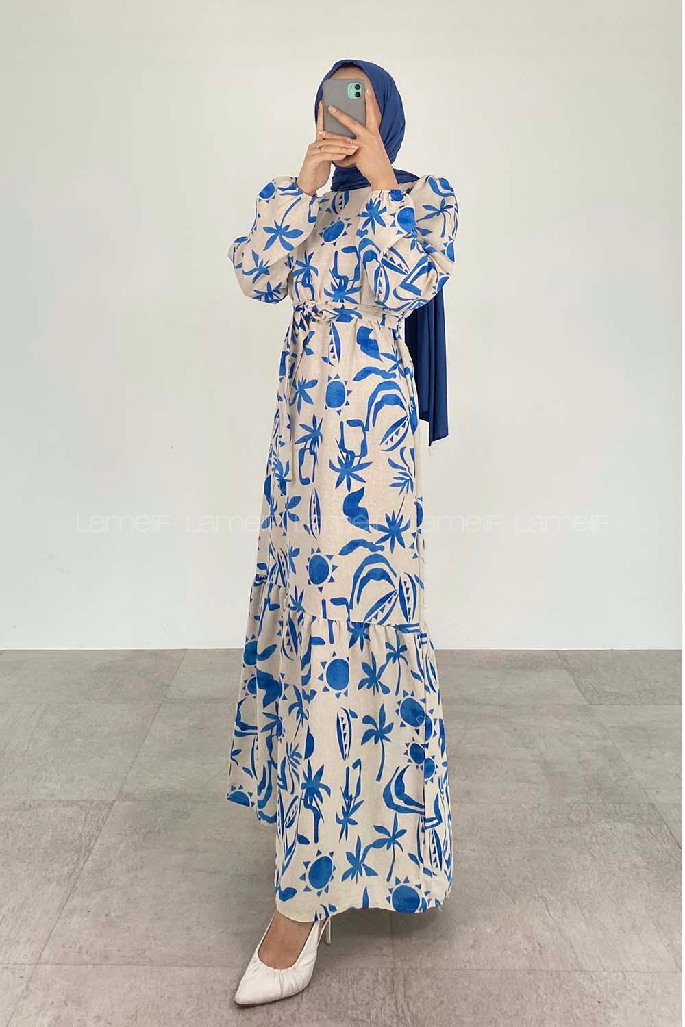 Blue Crew Neck Linen Printed Dresess