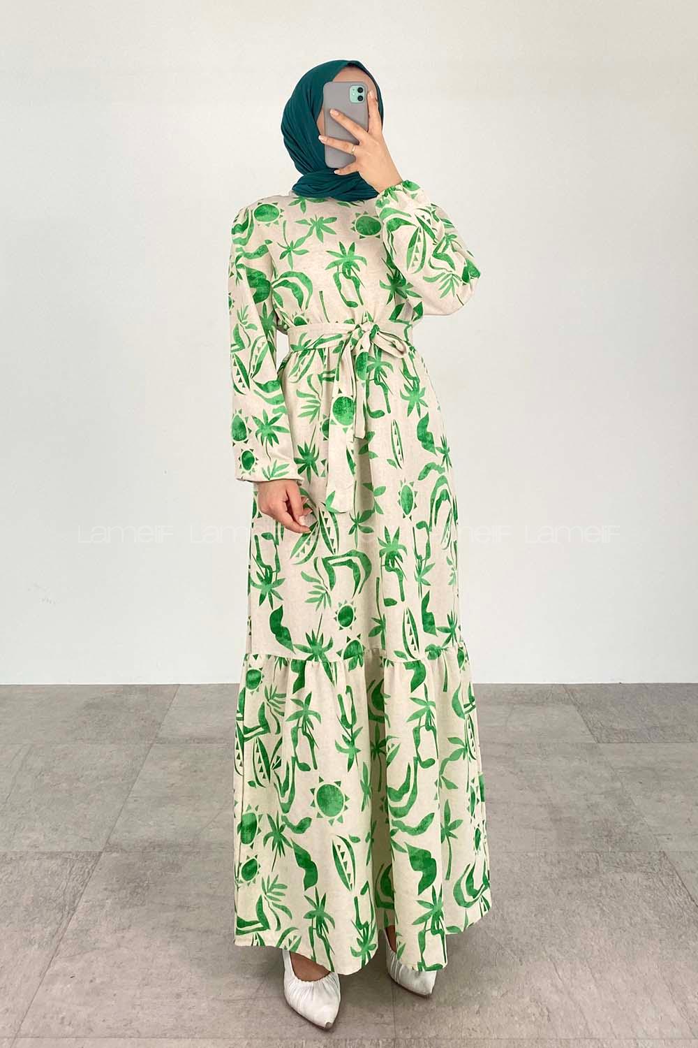 Green Crew Neck Linen Printed Dresess