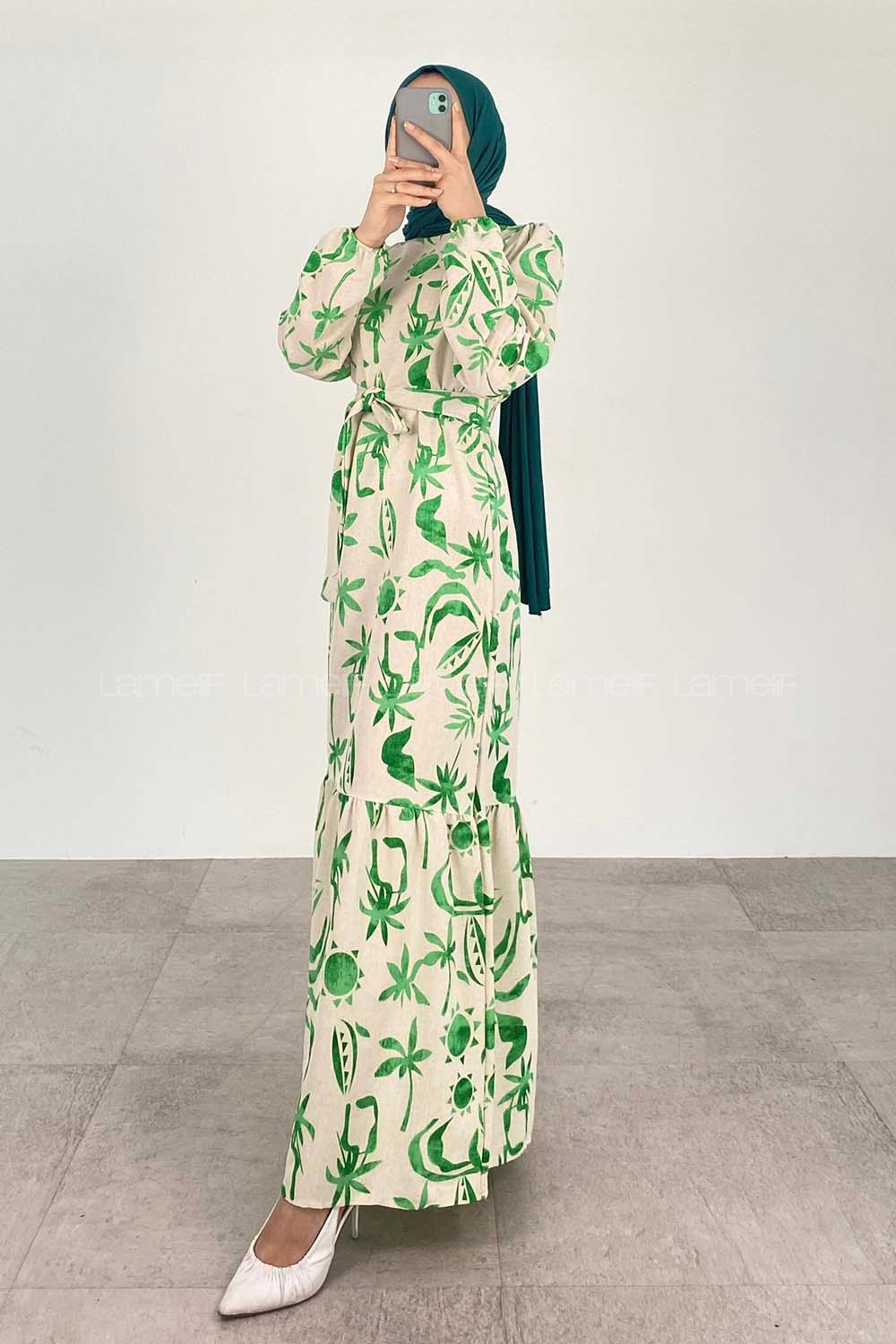 Green Crew Neck Linen Printed Dresess