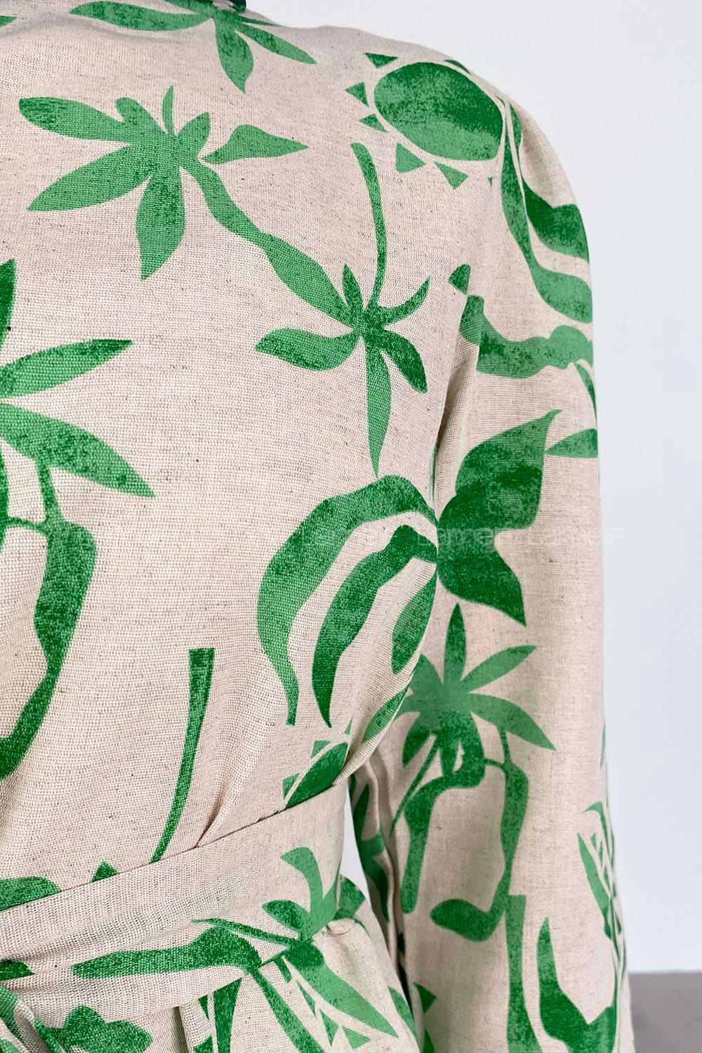 Green Crew Neck Linen Printed Dresess