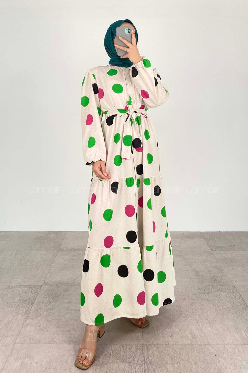 Green-1 Crew Neck Linen Printed Dresess