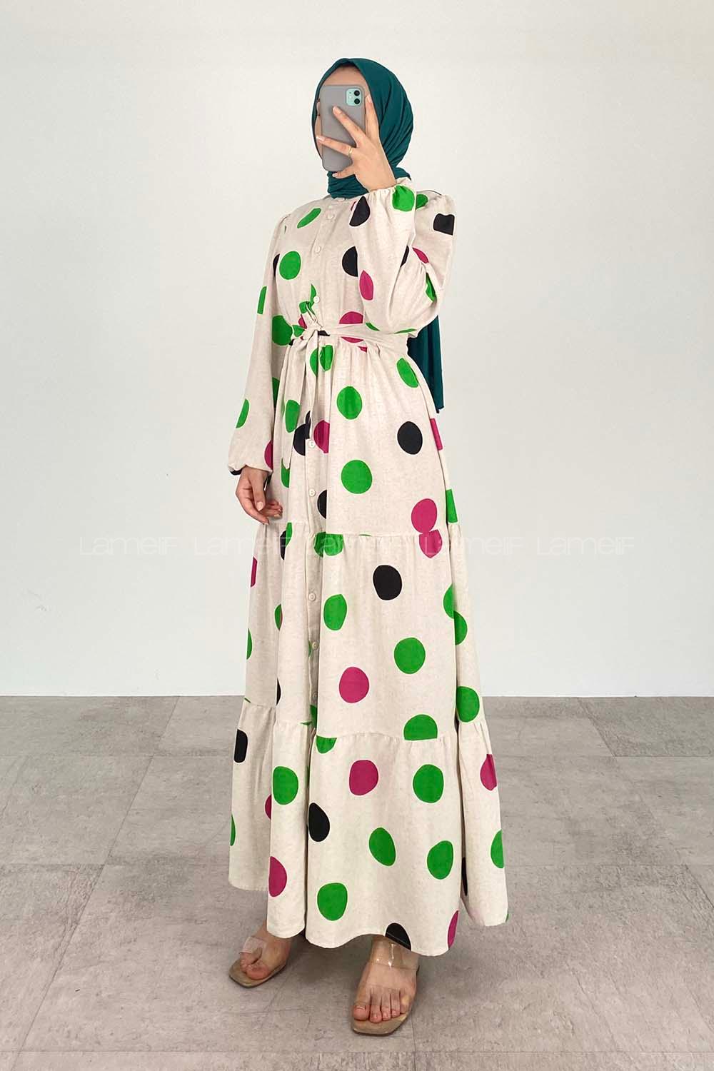 Green-1 Crew Neck Linen Printed Dresess