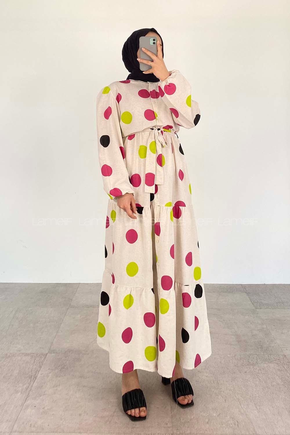 Fuchsia Crew Neck Linen Printed Dresess