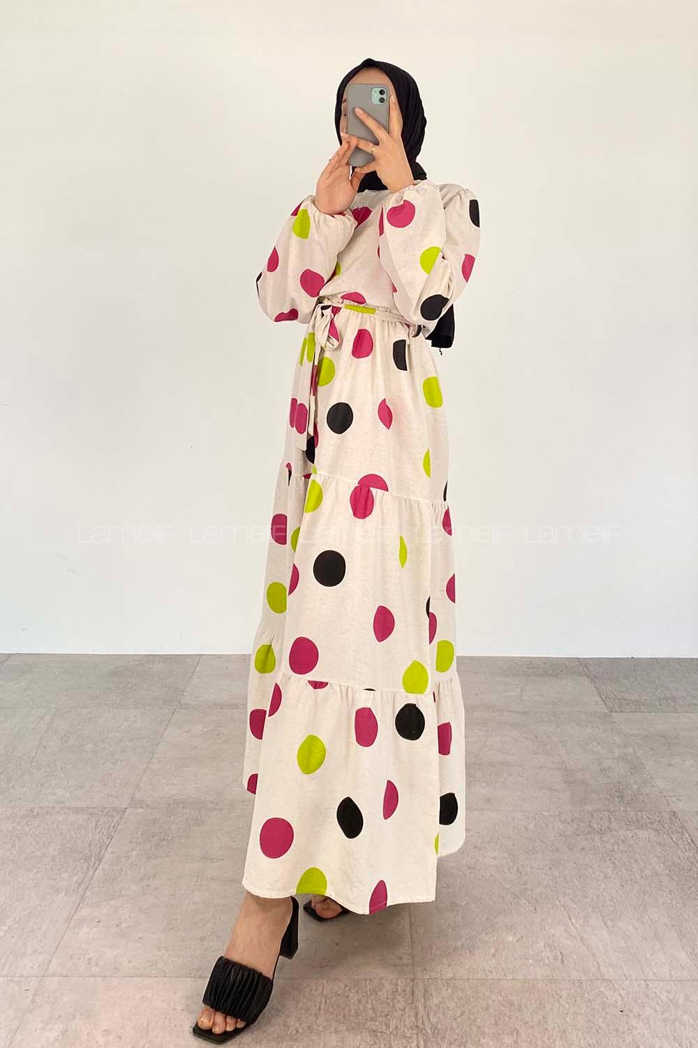 Fuchsia Crew Neck Linen Printed Dresess