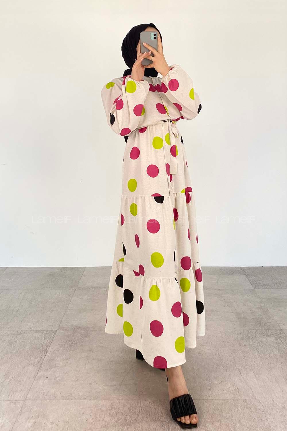 Fuchsia Crew Neck Linen Printed Dresess