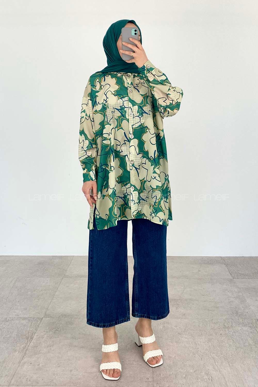Green Shirt Collar Long Arm Cotton Printed Shirt