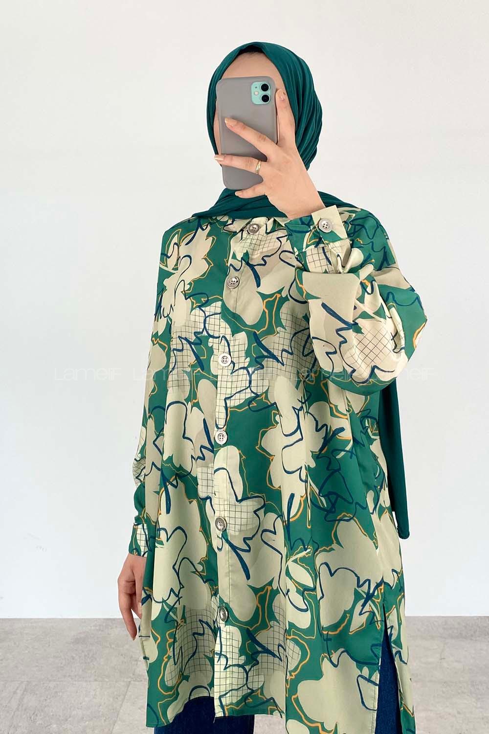 Green Shirt Collar Long Arm Cotton Printed Shirt