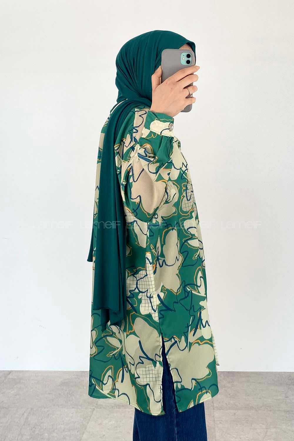 Green Shirt Collar Long Arm Cotton Printed Shirt