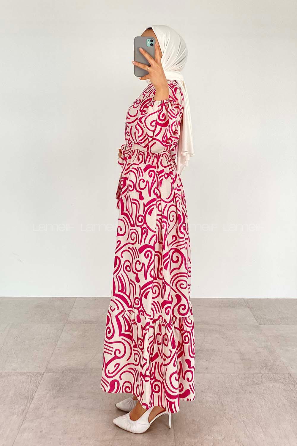 Fuchsia Crew Neck Cotton Printed Dresess