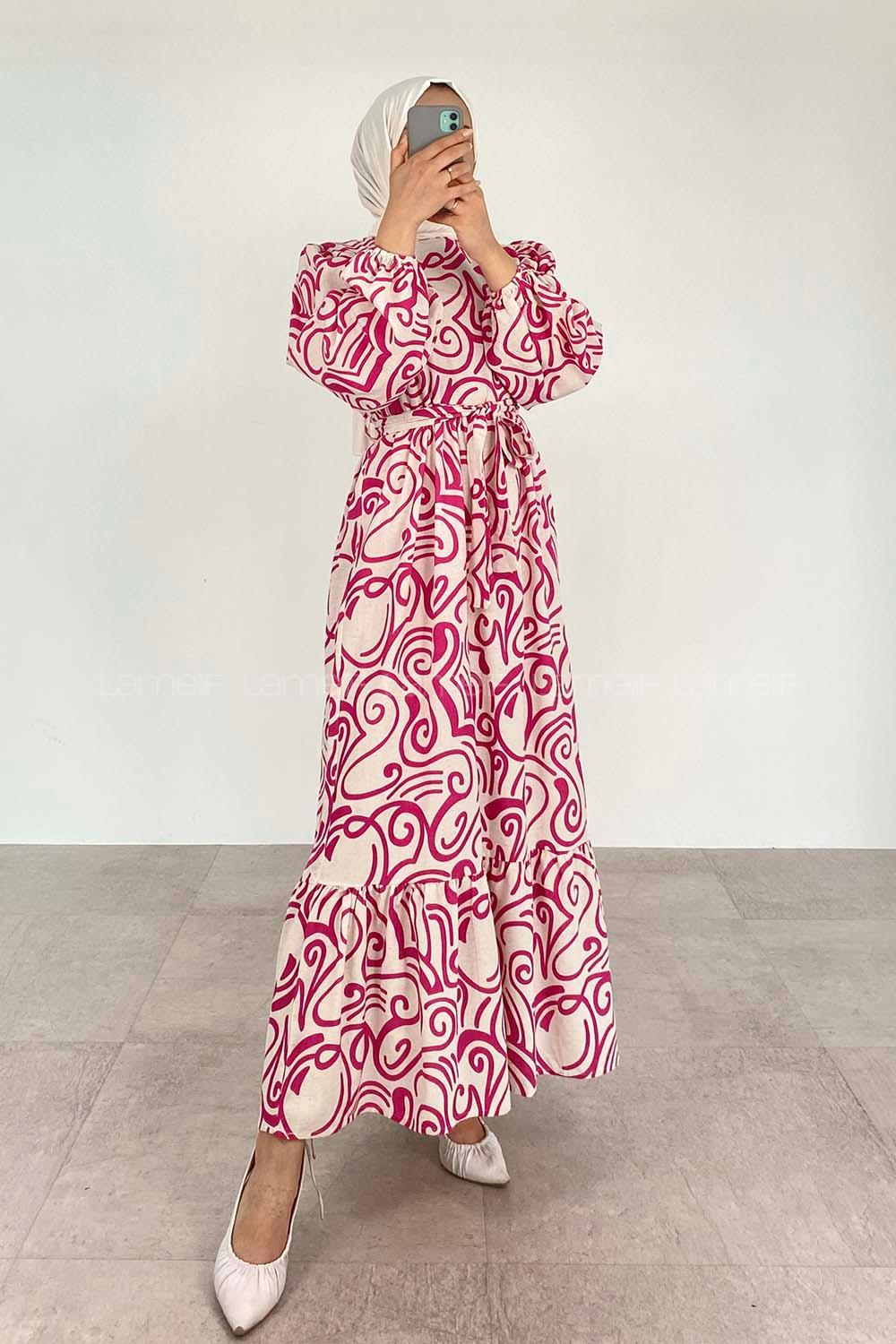 Fuchsia Crew Neck Cotton Printed Dresess