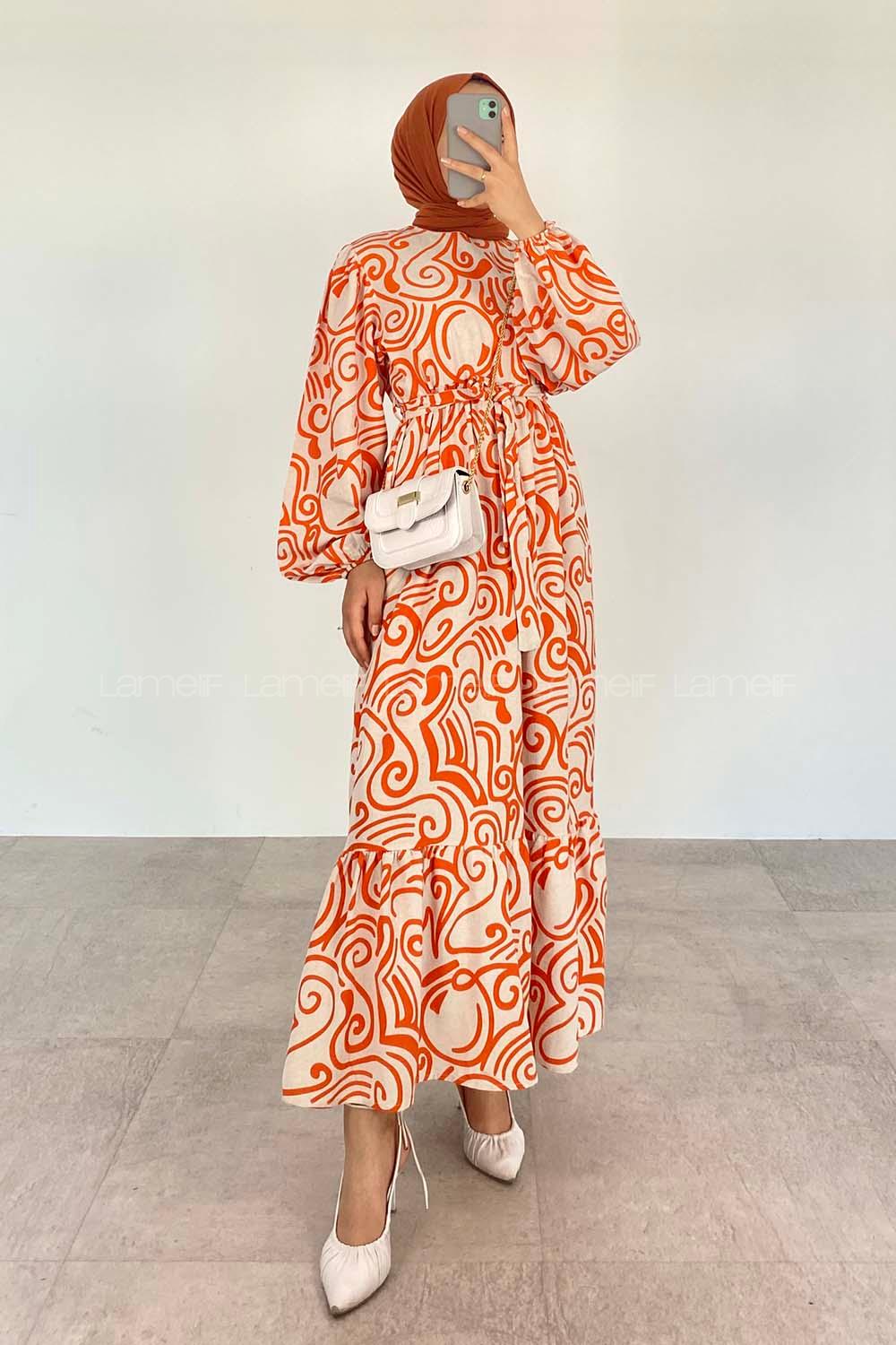 Orange Crew Neck Cotton Printed Dresess