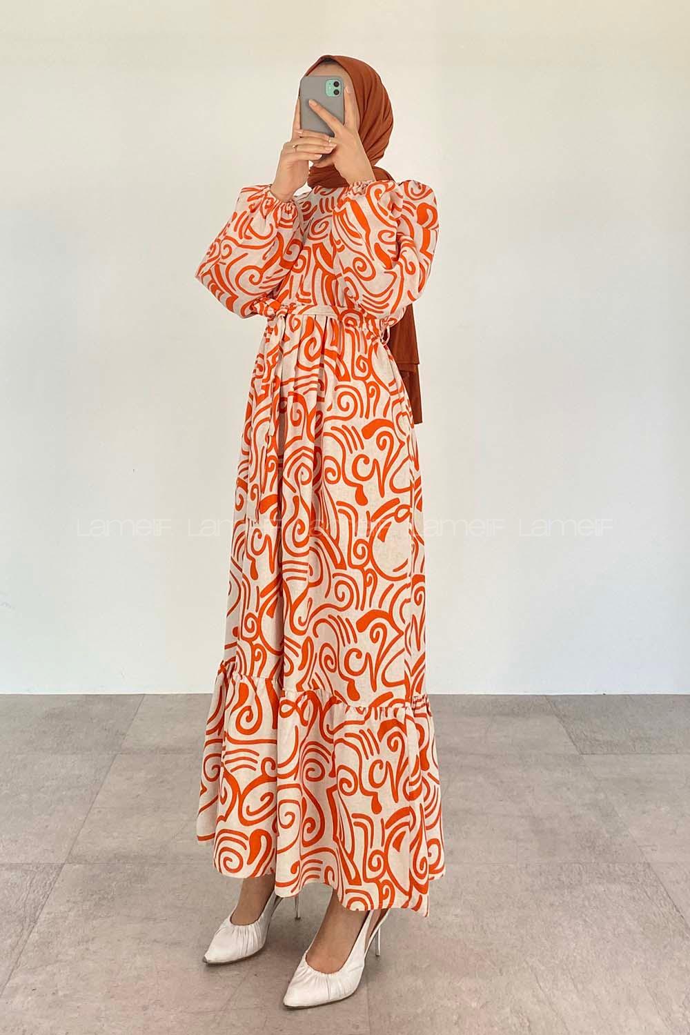 Orange Crew Neck Cotton Printed Dresess
