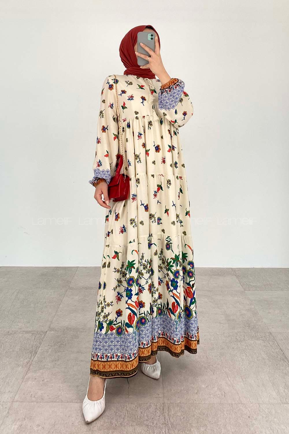 Ecru Navy Blue Foulard Neck Viscose Fabric Printed Dresess